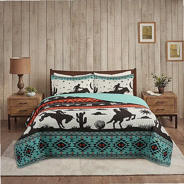 3 Piece Teal South Western Quilt Bedspread Set Cowboy Print Bedding