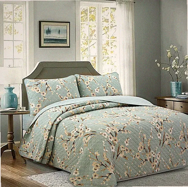 Aqua Teal Blossom Floral Reversible Quilt Set, Bedspread, Coverlet