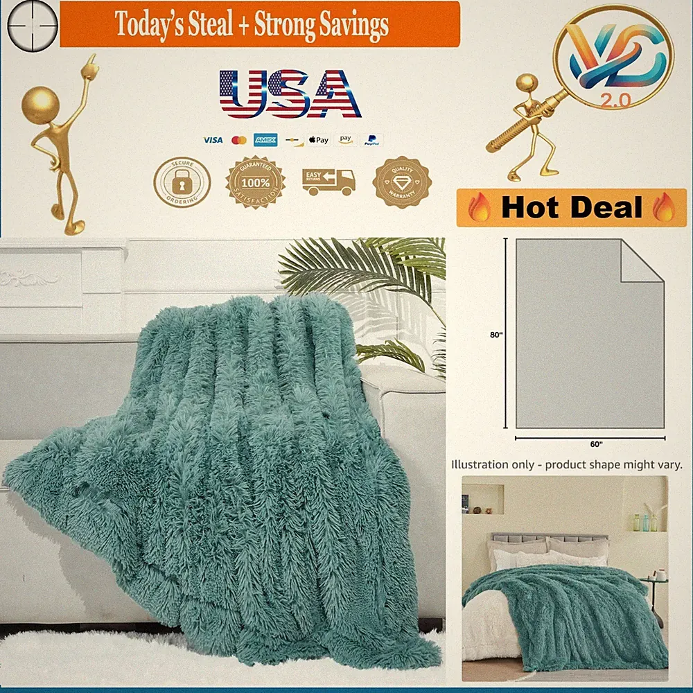 Reversible Faux Fur Throw Blanket Twin 60x80 Soft Cozy Plush Light Teal